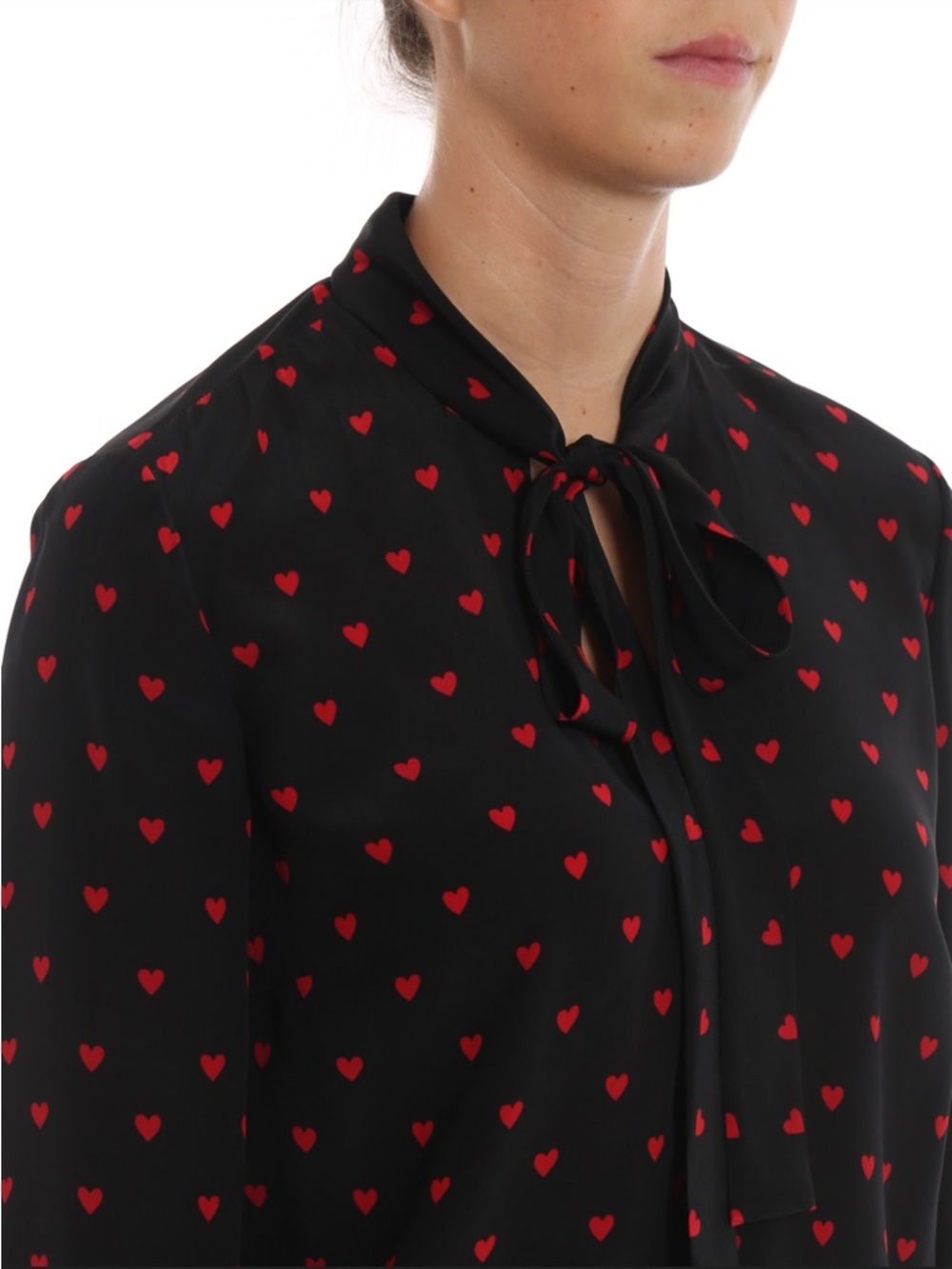 Red Valentino Black Silk Red Heart Print and Tie Neck Blouse Size Euro38